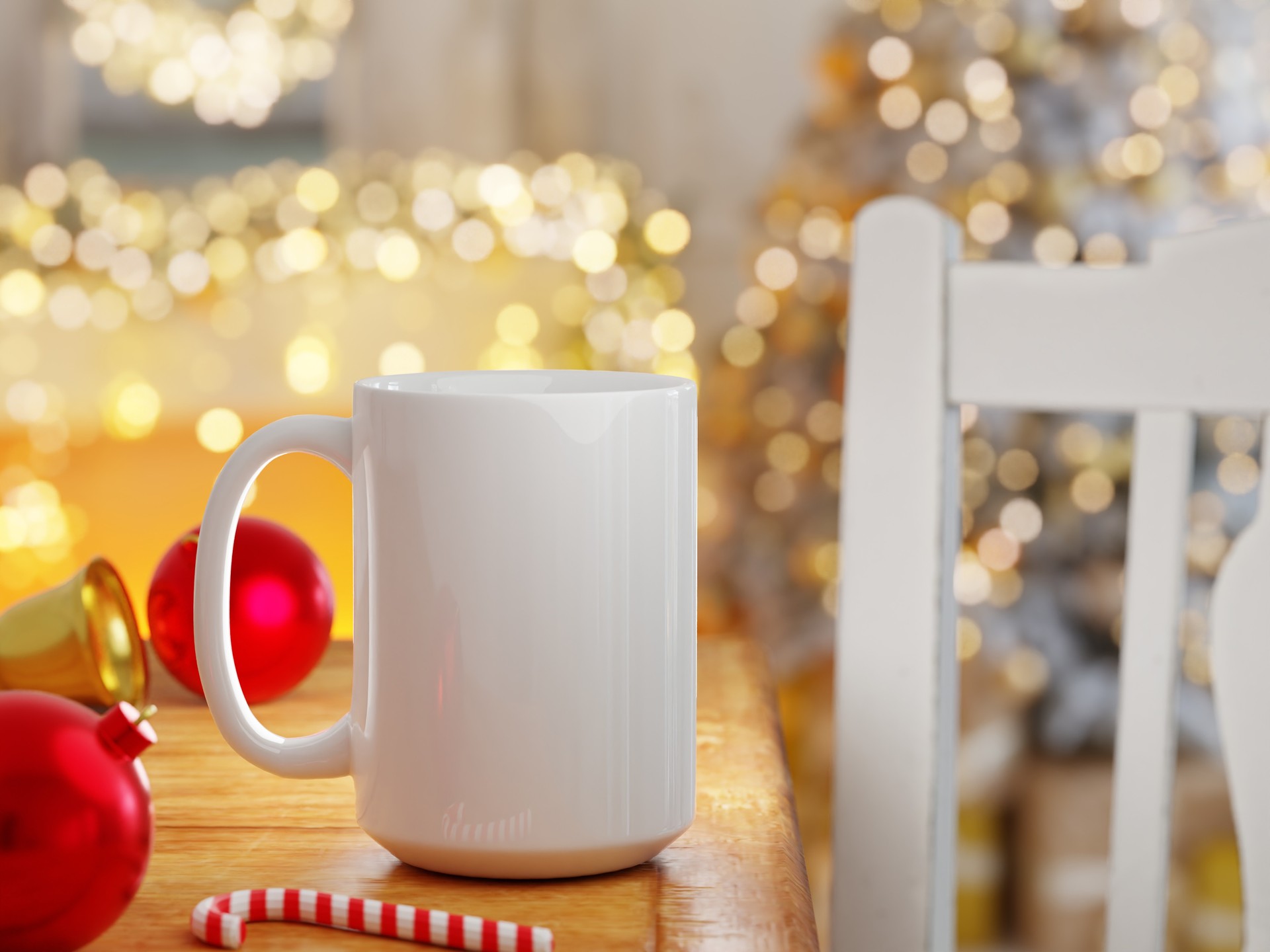 Coffee cup 15 oz with Christmas decorations and bright background lights unfocused